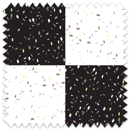 The artwork is a geometric pattern composed of alternating squares in two shades of gray. The squares form a checkerboard layout with a consistent arrangement across the entire piece. Each square is textured with small, scattered confetti-like specks in various colors, including white, red, yellow, and purple, adding a dynamic and festive element to the otherwise orderly grid pattern. The overall effect is a balanced interplay between structured form and playful detail.